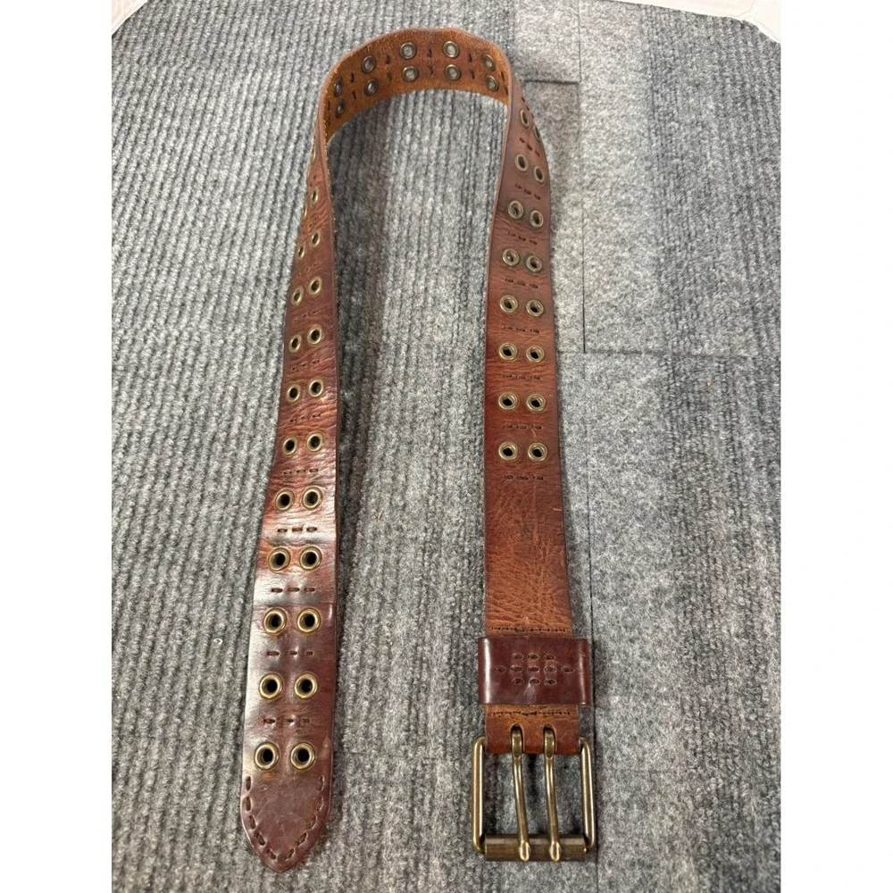 Vintage Distressed Brown Leather Grommet Belt Triple Prong Brass Buckle 40 Inch